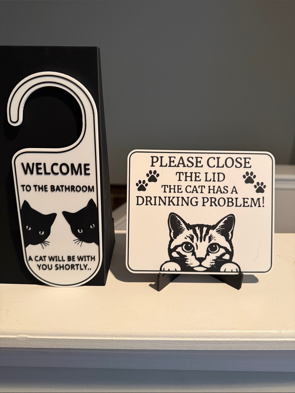 Cat Bathroom Signs - Black & White Decorative Plaques